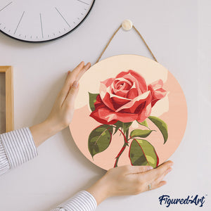 Malen nach Zahlen auf Holzscheibe - Rote Rose