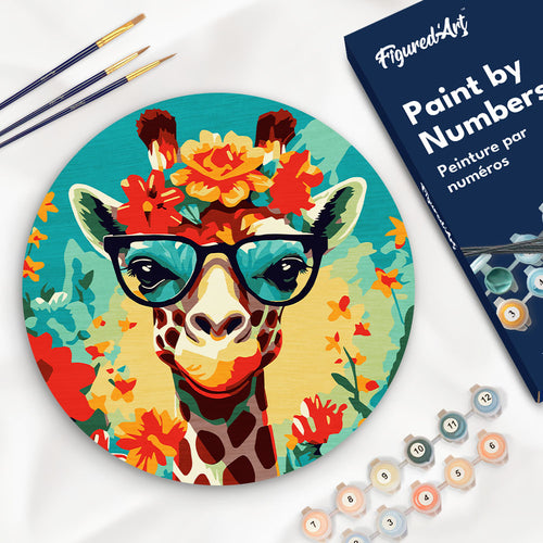 Malen nach Zahlen auf Holzscheibe - Fantasie-Giraffe und Blumen