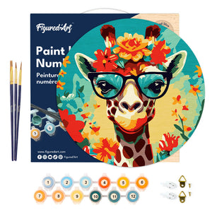 Malen nach Zahlen auf Holzscheibe - Fantasie-Giraffe und Blumen