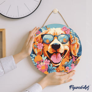 Malen nach Zahlen auf Holzscheibe - Fantasie-Hund und Blumen