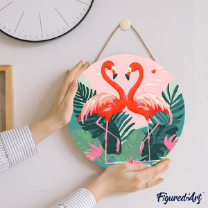Malen nach Zahlen auf Holzscheibe - Tropische Flamingos