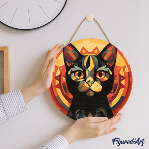 Malen nach Zahlen auf Holzscheibe - Art-Deco-Schwarze Katze