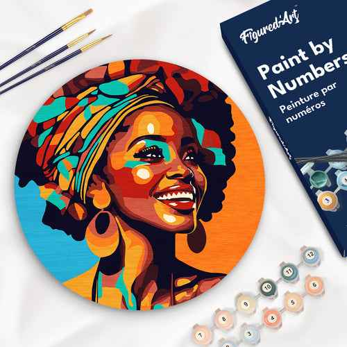 Malen nach Zahlen auf Holzscheibe - Afrikanische Königin Pop Art