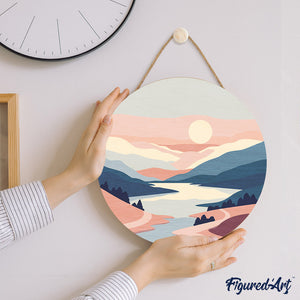 Malen nach Zahlen auf Holzscheibe - Pastell-Sonnenaufgang