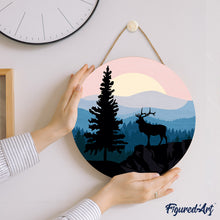 Laden Sie das Bild in den Galerie-Viewer, Malen nach Zahlen auf Holzscheibe - Majestätischer Hirsch und Landschaft