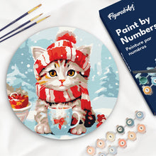 Laden Sie das Bild in den Galerie-Viewer, Malen nach Zahlen auf Holzscheibe - Niedliche Katze mit rotem Schal