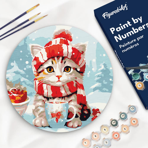 Malen nach Zahlen auf Holzscheibe - Niedliche Katze mit rotem Schal