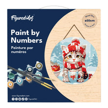 Laden Sie das Bild in den Galerie-Viewer, Malen nach Zahlen auf Holzscheibe - Niedliche Katze mit rotem Schal