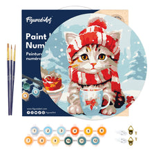 Laden Sie das Bild in den Galerie-Viewer, Malen nach Zahlen auf Holzscheibe - Niedliche Katze mit rotem Schal