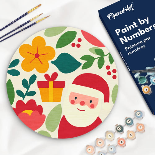 Malen nach Zahlen auf Holzscheibe - Weihnachtsmann und Blumen