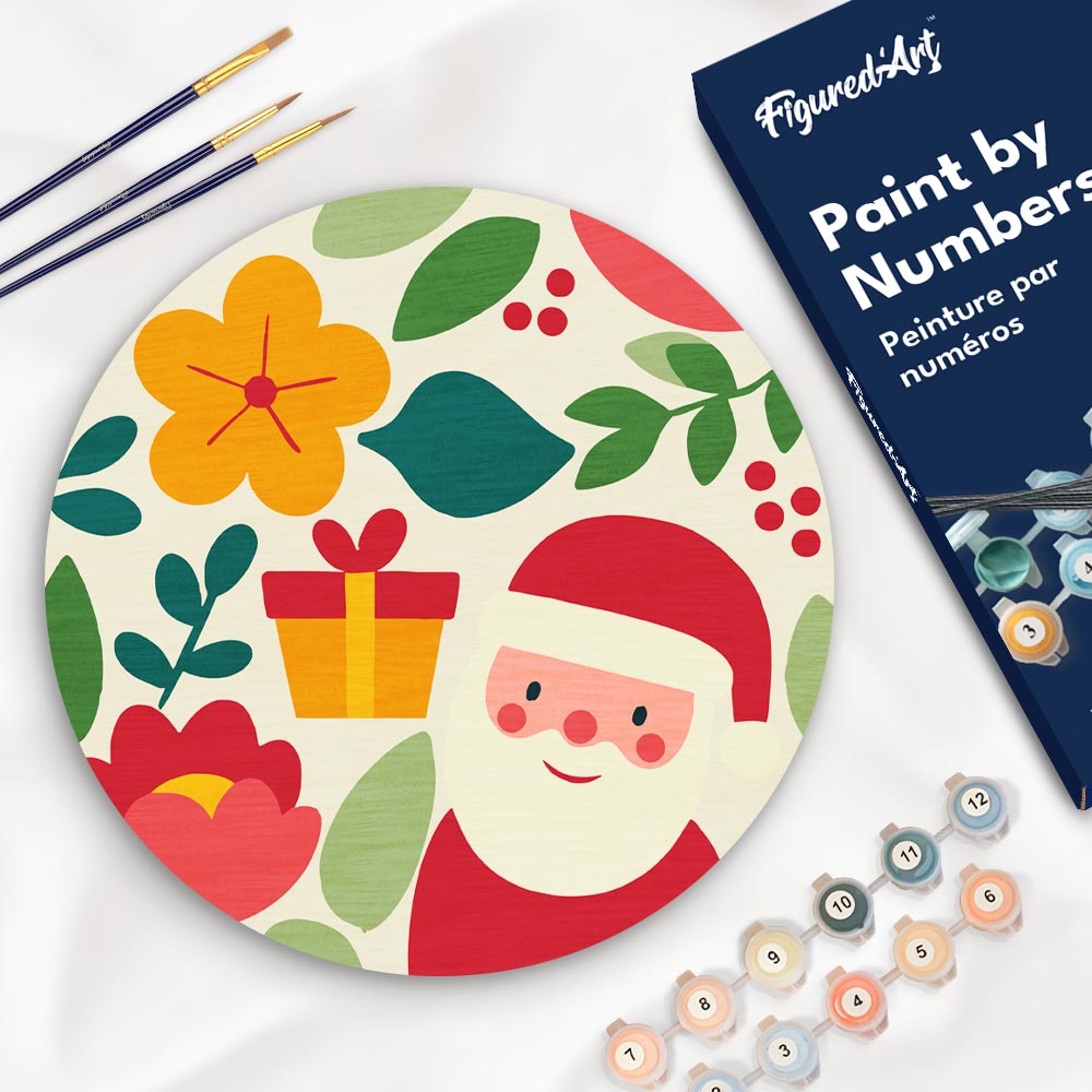 Malen nach Zahlen auf Holzscheibe - Weihnachtsmann und Blumen