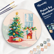 Laden Sie das Bild in den Galerie-Viewer, Malen nach Zahlen auf Holzscheibe - Weihnachtsbaum und Kamin