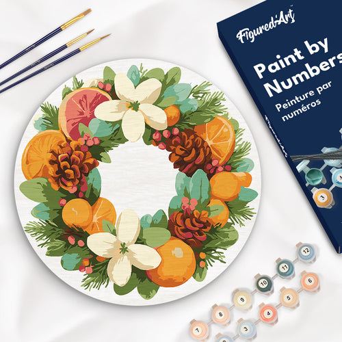 Malen nach Zahlen auf Holzscheibe - Kiefer- und Zitruskranz