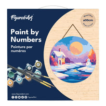 Laden Sie das Bild in den Galerie-Viewer, Malen nach Zahlen auf Holzscheibe - Winterlandschaft bei Sonnenuntergang