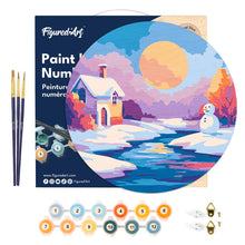 Laden Sie das Bild in den Galerie-Viewer, Malen nach Zahlen auf Holzscheibe - Winterlandschaft bei Sonnenuntergang