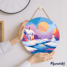 Laden Sie das Bild in den Galerie-Viewer, Malen nach Zahlen auf Holzscheibe - Winterlandschaft bei Sonnenuntergang