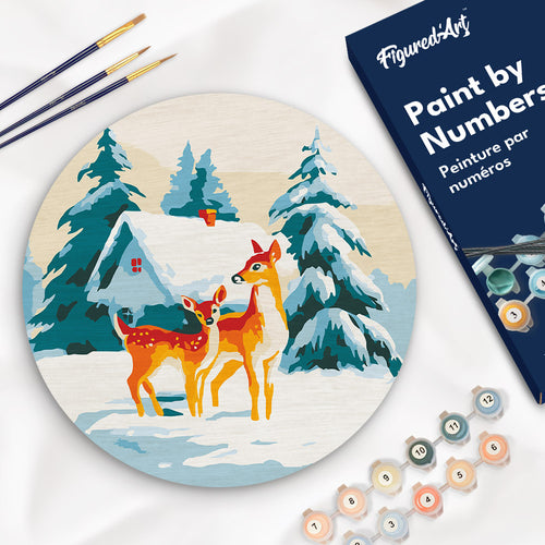 Malen nach Zahlen auf Holzscheibe - Hirsch und Hütte