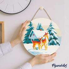 Laden Sie das Bild in den Galerie-Viewer, Malen nach Zahlen auf Holzscheibe - Hirsch und Hütte