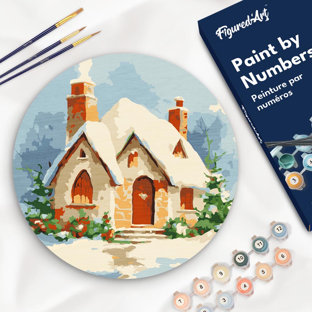 Malen nach Zahlen auf Holzscheibe - Backsteinhaus im Winter