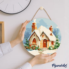 Laden Sie das Bild in den Galerie-Viewer, Malen nach Zahlen auf Holzscheibe - Backsteinhaus im Winter