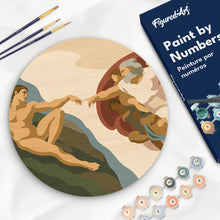 Laden Sie das Bild in den Galerie-Viewer, Malen nach Zahlen Figured'Art – Malen nach Zahlen auf Holzscheibe - Die Erschaffung Adams - Michelangelo