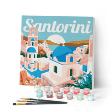 Laden Sie das Bild in den Galerie-Viewer, Mini Malen nach Zahlen mit Rahmen - Reiseplakat Santorini Sonnenaufgang