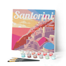 Laden Sie das Bild in den Galerie-Viewer, Mini Malen nach Zahlen mit Rahmen - Reiseplakat Santorini Sonnenuntergang