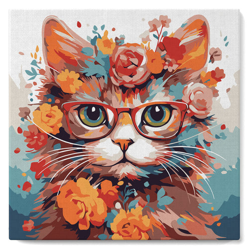 Mini Malen nach Zahlen mit Rahmen - Fantasie-Katze und Blumen
