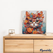Laden Sie das Bild in den Galerie-Viewer, Mini Malen nach Zahlen mit Rahmen - Fantasie-Katze und Blumen