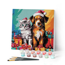 Laden Sie das Bild in den Galerie-Viewer, Mini Malen nach Zahlen mit Rahmen - Festliche Katze &amp; Hund