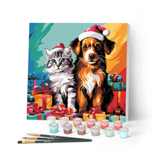 Laden Sie das Bild in den Galerie-Viewer, Mini Malen nach Zahlen mit Rahmen - Festliche Katze &amp; Hund