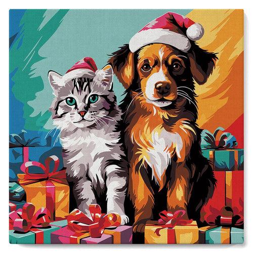Mini Malen nach Zahlen mit Rahmen - Festliche Katze & Hund