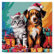 Laden Sie das Bild in den Galerie-Viewer, Mini Malen nach Zahlen mit Rahmen - Festliche Katze &amp; Hund
