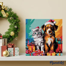 Laden Sie das Bild in den Galerie-Viewer, Mini Malen nach Zahlen mit Rahmen - Festliche Katze &amp; Hund