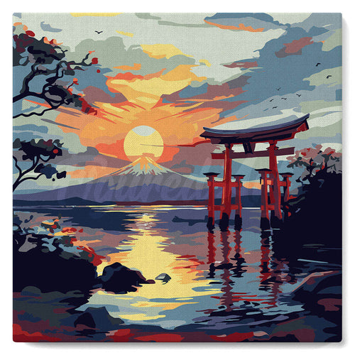 Mini Malen nach Zahlen mit Rahmen - Torii-Tor bei Sonnenuntergang