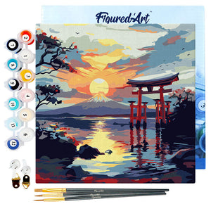 Mini Malen nach Zahlen mit Rahmen - Torii-Tor bei Sonnenuntergang