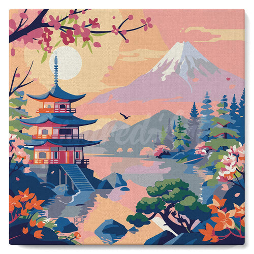 Mini Malen nach Zahlen mit Rahmen - Pagode und Mount Fuji