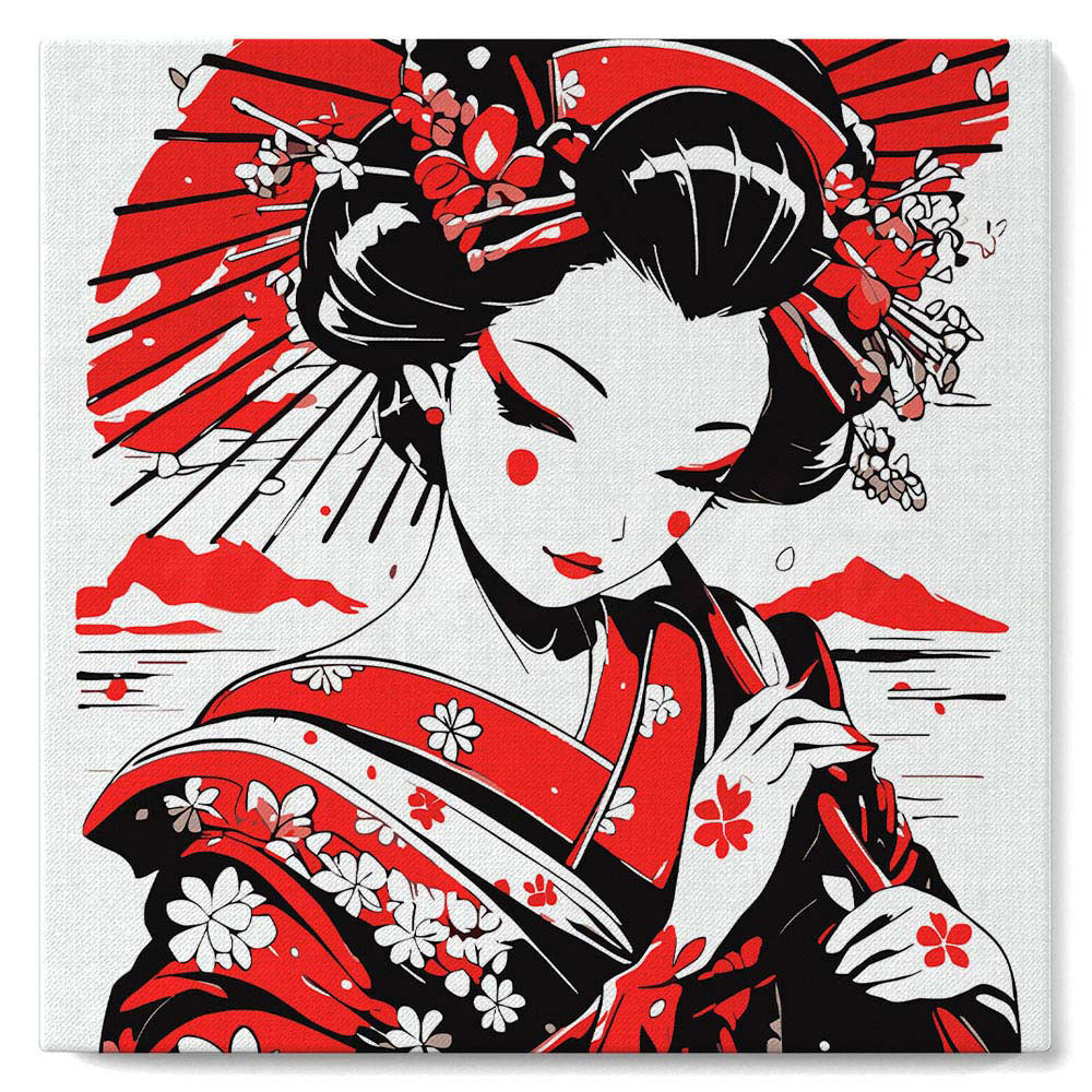 Mini Malen nach Zahlen mit Rahmen - Rot-schwarze Geisha