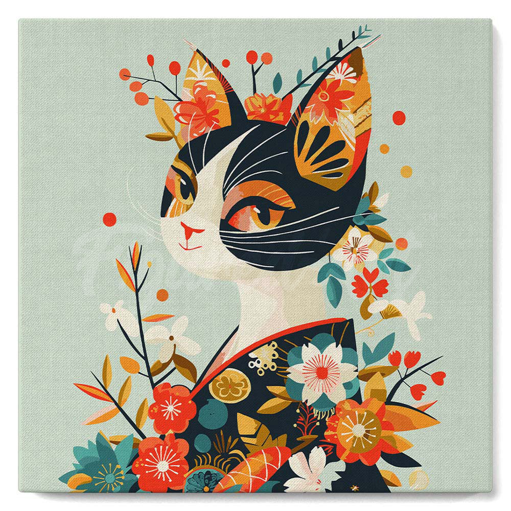 Mini Malen nach Zahlen mit Rahmen - Florale Katze im Kimono