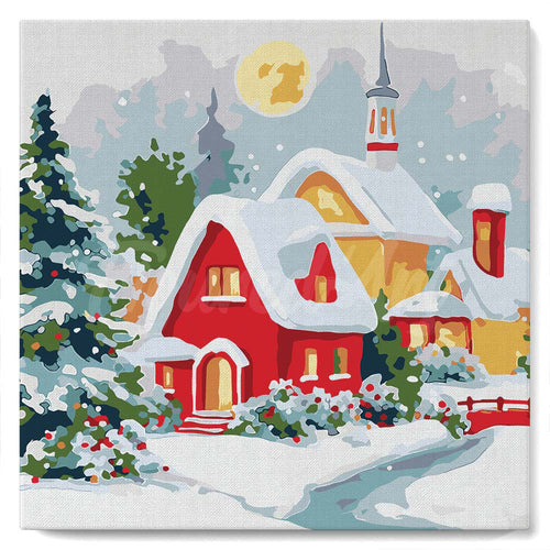 Mini Malen nach Zahlen mit Rahmen - Rotes Haus im Winter