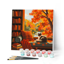Laden Sie das Bild in den Galerie-Viewer, Malen nach Zahlen Figured'Art – Mini Malen nach Zahlen mit Rahmen - Herbstblick der Katze