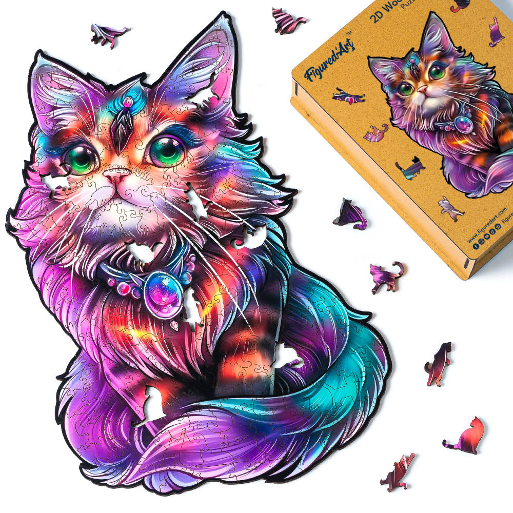 Holzpuzzle Erwachsene - Bunter Katze mit Edelstein