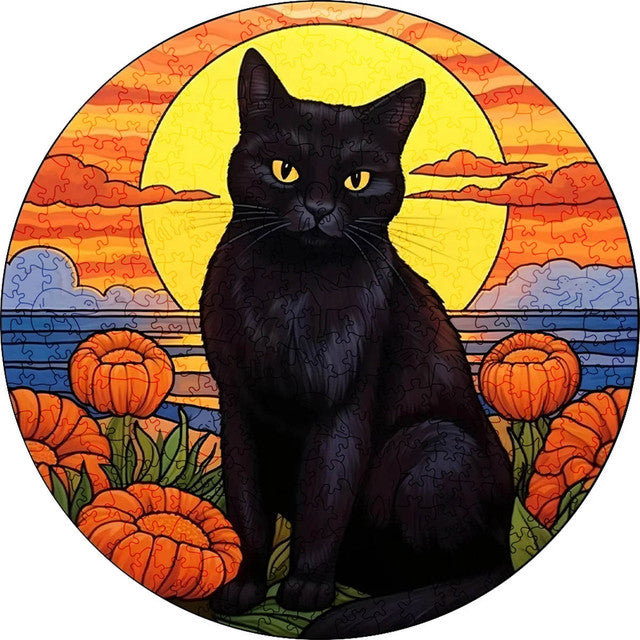 2D Holzpuzzle – Schwarze Katze bei Sonnenuntergang