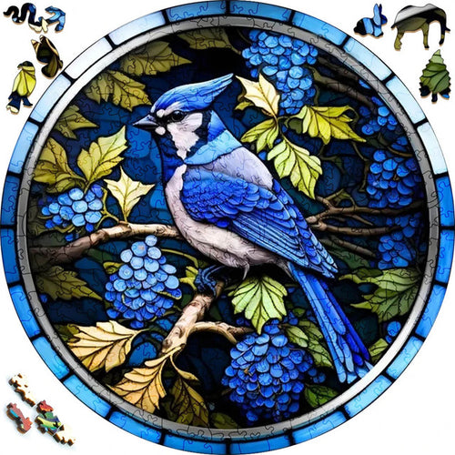 2D Holzpuzzle – Blauhäher und Beeren