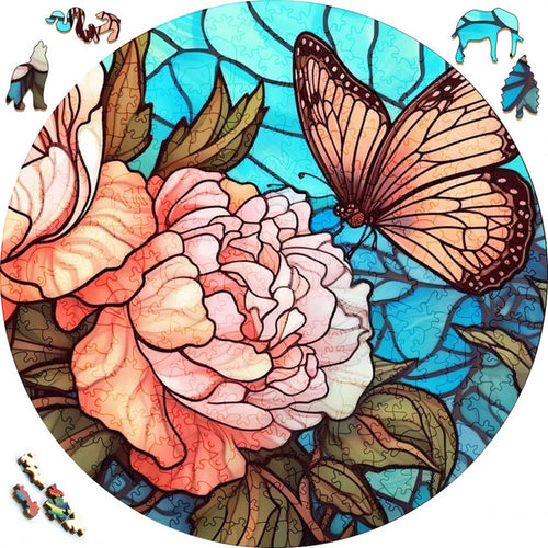 2D Holzpuzzle – Schmetterling und Hortensien