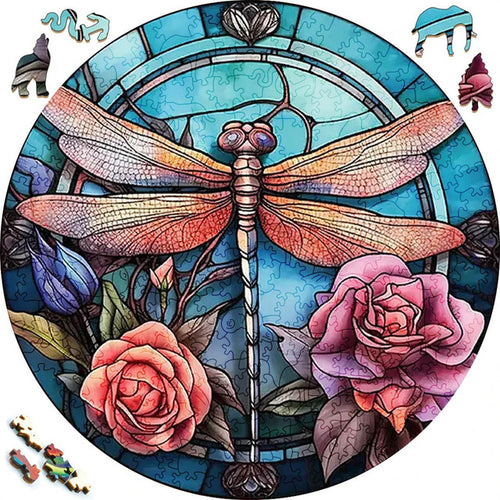 2D Holzpuzzle – Libelle und Rosen