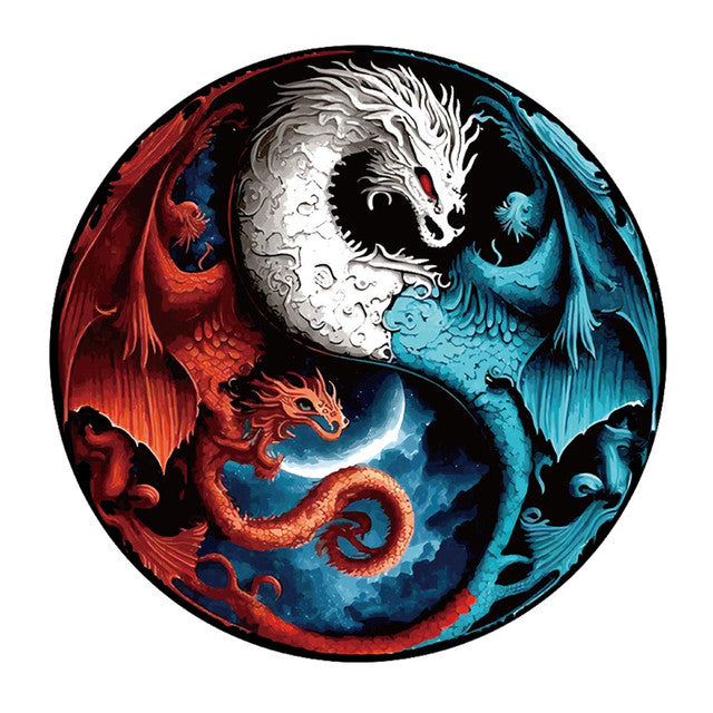 2D Holzpuzzle – Blaue und rote Drachen