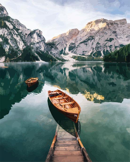 Malen nach Zahlen fŸr Erwachsene |ÊBoot und Gebirgssee | Figured'Art