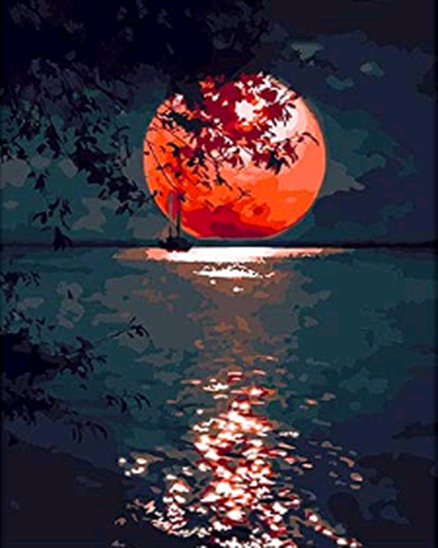 Malen nach Zahlen für Erwachsene | Roter Mond und See | Figured'Art