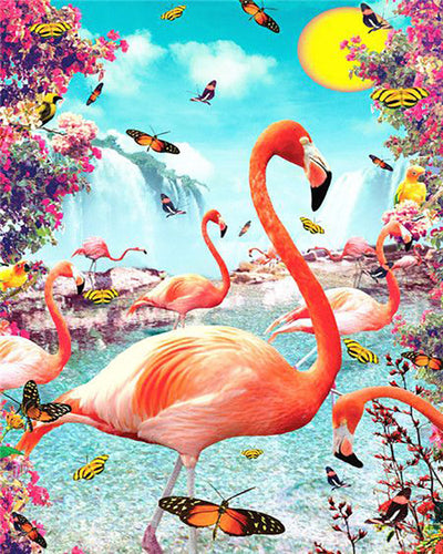 Malen nach Zahlen Figured'Art – Rosa Flamingos und Schmetterlinge